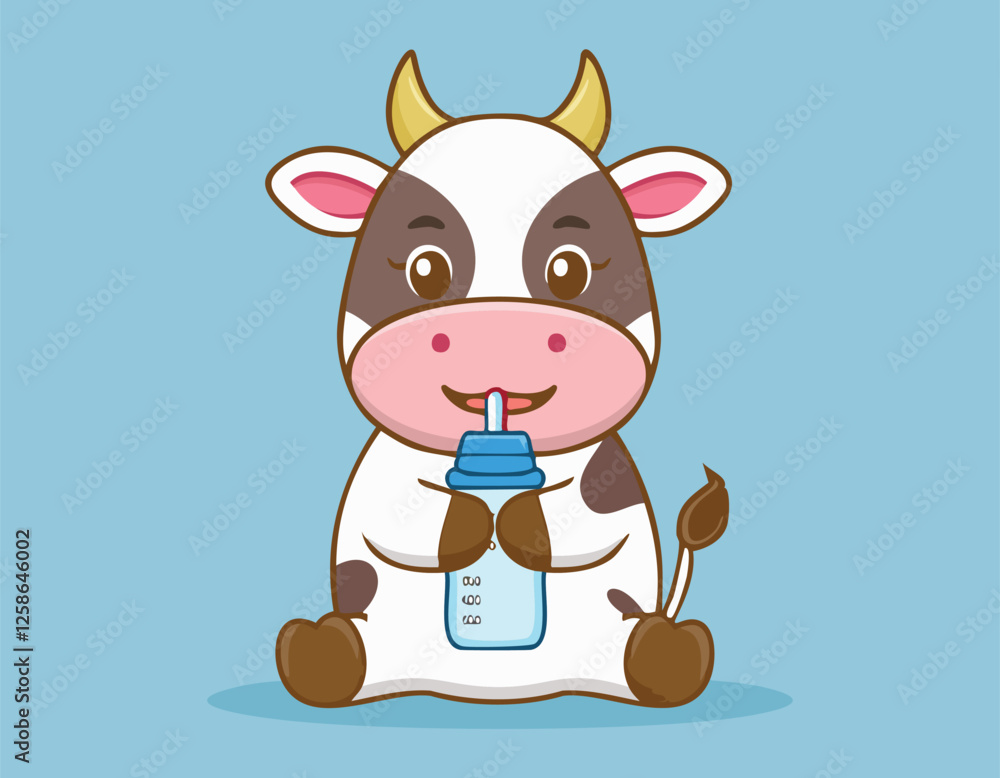 Fototapeta premium A cute funny cow cartoon eating milk simple flat design vector.