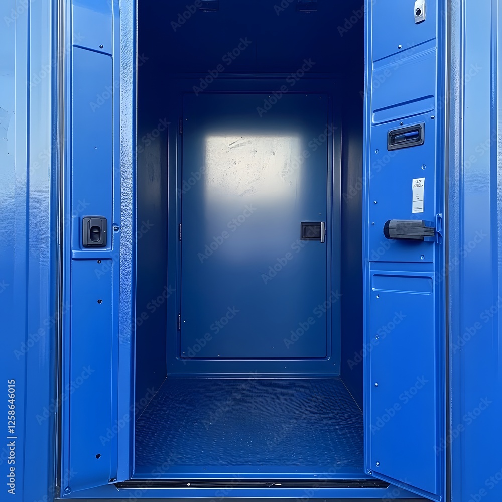 Cobalt Blue Portable Toilet Stall with Open Door in Simple Outdoor Setting Cobalt Blue Portable Toilet Stall with Open Door in Simple Outdoor Setting