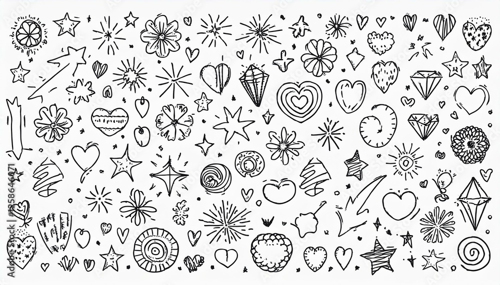 Fototapeta premium Cute line icon sketch element. Hand drawn line sketch text decoration star sparkle, arrow, heart element set. Simple drawn sun sparkle, flower, emphasis symbol background. perfect any project.