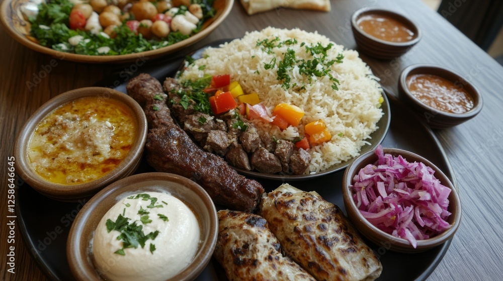 A splendid array of Arabic dishes featuring aromatic rice, grilled meats, fresh salads, and rich sauces showcases the culinary traditions of the Middle East in an inviting atmosphere A splendid array of Arabic dishes featuring aromatic rice, grilled meats, fresh salads, and rich sauces showcases the culinary traditions of the Middle East in an inviting atmosphere
