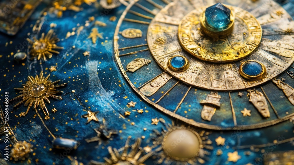Naklejka premium Celestial clock detail; ornate gold, blue, stars, gems.