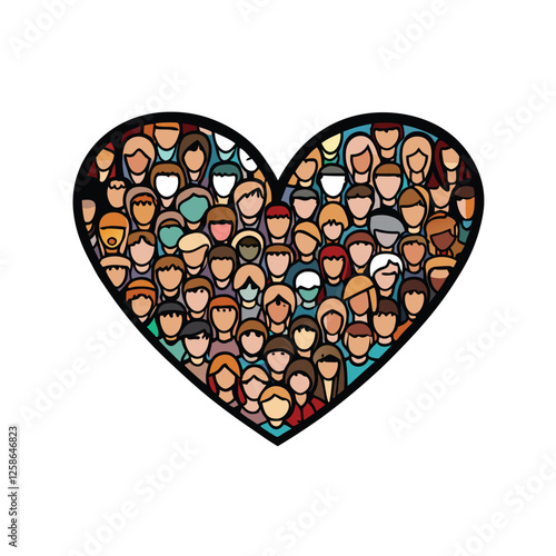 Design a heart shape filled with diverse smiling people of various ages, ethnicities, and abilities, representing unity and inclusion.