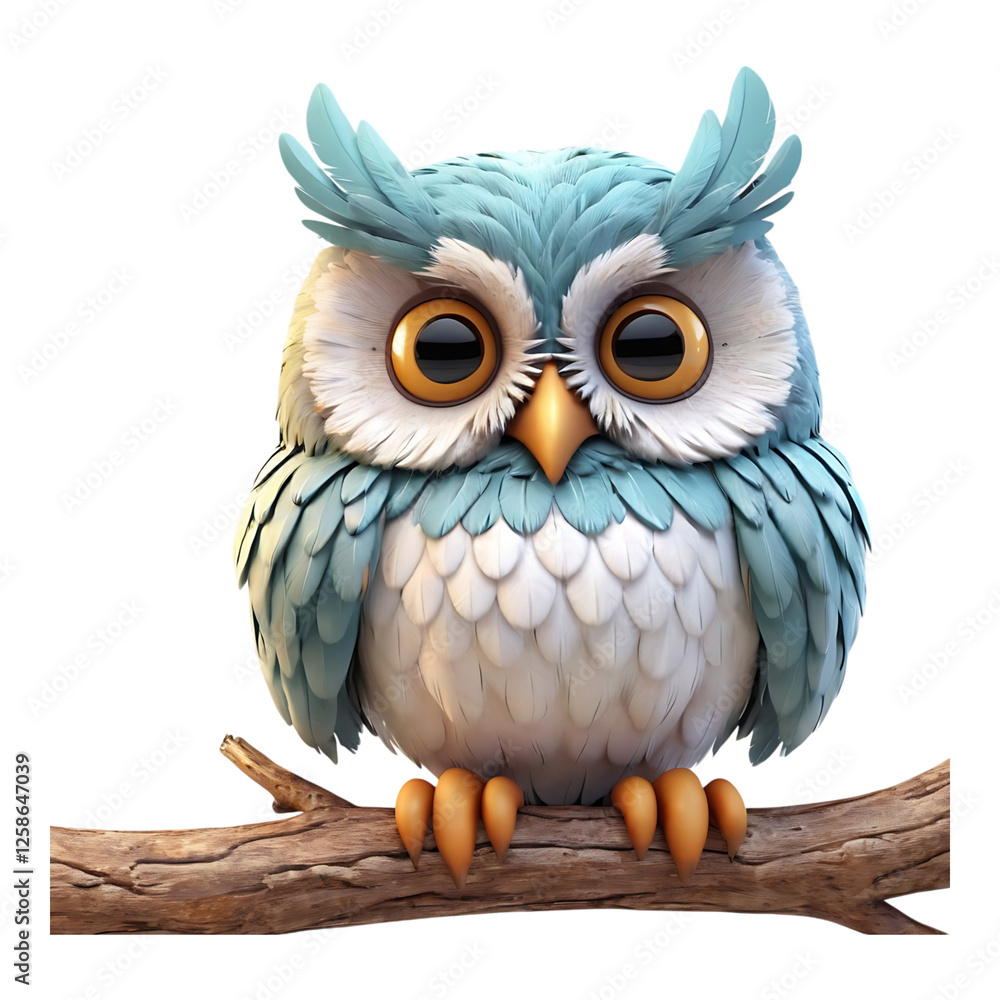 Fototapeta premium Cute blue owl sitting on a branch with big eyes