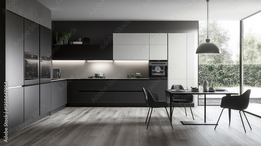 Fototapeta premium Modern Dark Kitchen Design with Dining Area and Garden View
