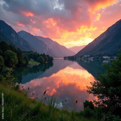 Sunset over Tegernsee lake with surrounding mountains and trees, sunsets, peaceful