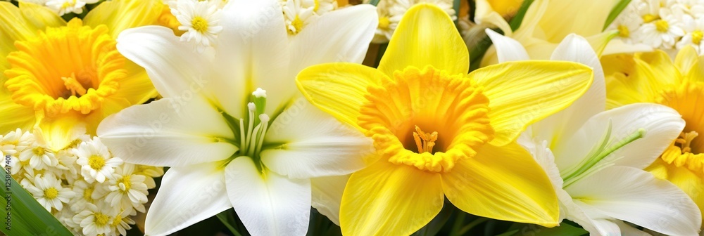 Fototapeta premium A vibrant arrangement of white and yellow flowers elegantly displayed in a decorative vase, showcasing their natural beauty and freshness.