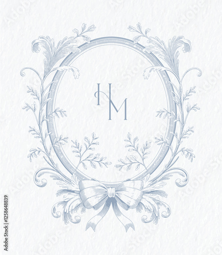 Vintage elegant wedding crest design. Hand drawn leaves frames with flowers monogram. HM initial wedding monogram crest.
