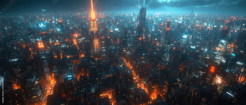 Nighttime aerial view of a futuristic city with glowing lights and tall skyscrapers Nighttime aerial view of a futuristic city with glowing lights and tall skyscrapers