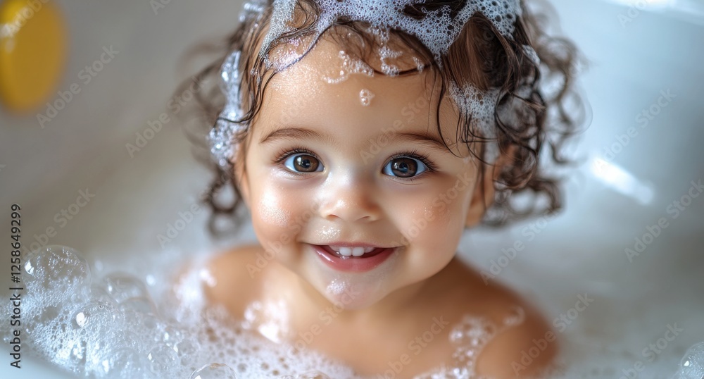 Happy toddler enjoying a bubble bath with playful expressions and shiny curly hair in a bright, cozy bathroom setting during afternoon playtime Happy toddler enjoying a bubble bath with playful expressions and shiny curly hair in a bright, cozy bathroom setting during afternoon playtime