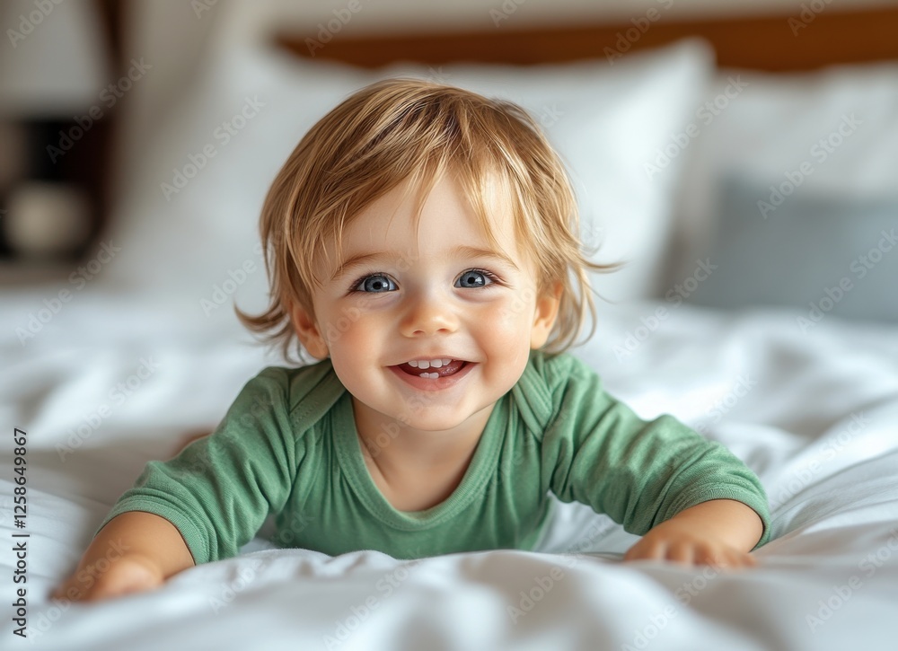 Happy toddler exploring a cozy bedroom while crawling on soft bed linens during the afternoon light Happy toddler exploring a cozy bedroom while crawling on soft bed linens during the afternoon light