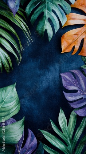 Vibrant Tropical Watercolor Leaves Frame on Dark Blue Background