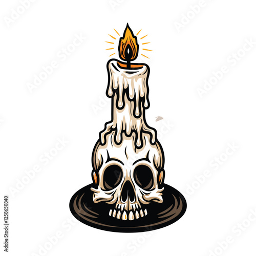 Create a detailed vector illustration of a melting candle dripping wax onto a human skull, emphasizing texture and shadow.