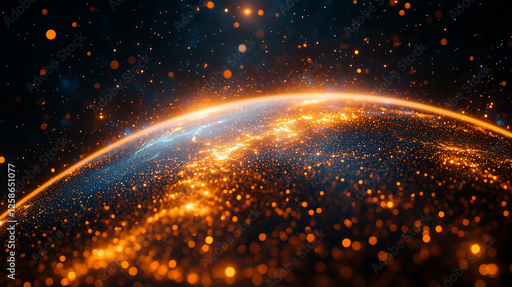 Glowing Earth with luminous particles in a dark cosmic background showcasing a vibrant view of our planet