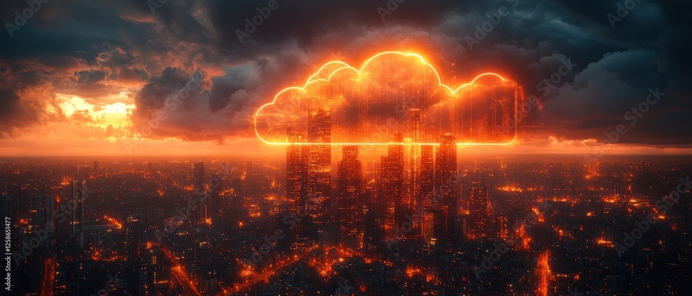 Fototapeta premium Glowing Cloud Above a Cityscape at Sunset