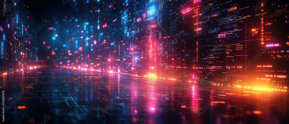 Fototapeta premium Digital Cityscape with Neon Lights and Reflected Glows