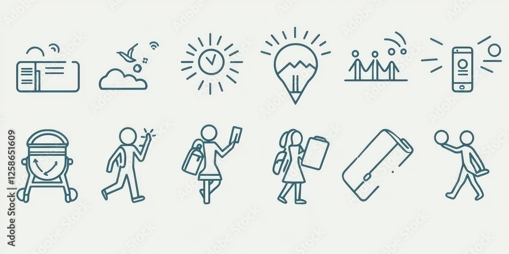 A series of outline icons symbolizing different actions, such as communication, travel, and creativity. A series of outline icons symbolizing different actions, such as communication, travel, and creativity.