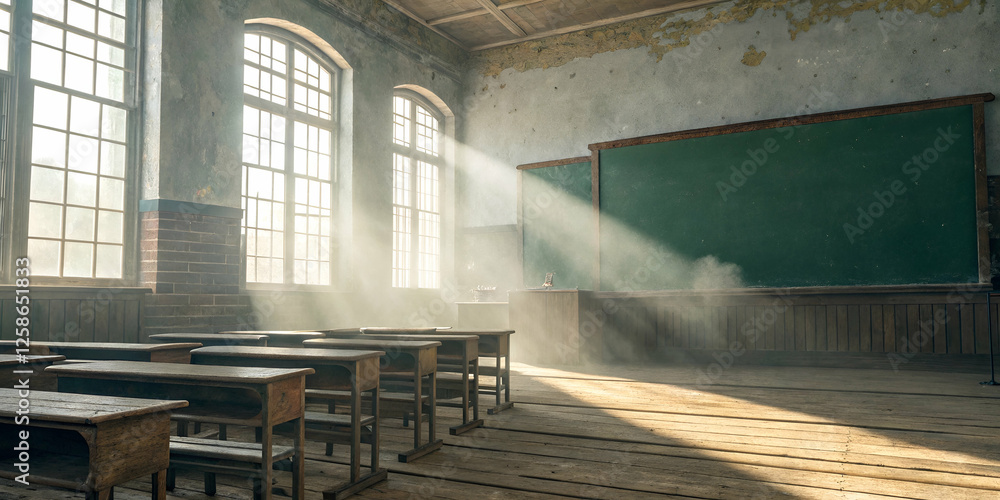Fototapeta premium Abandoned Classroom Filled With Sunlight with Rays of Light and Shadows in the