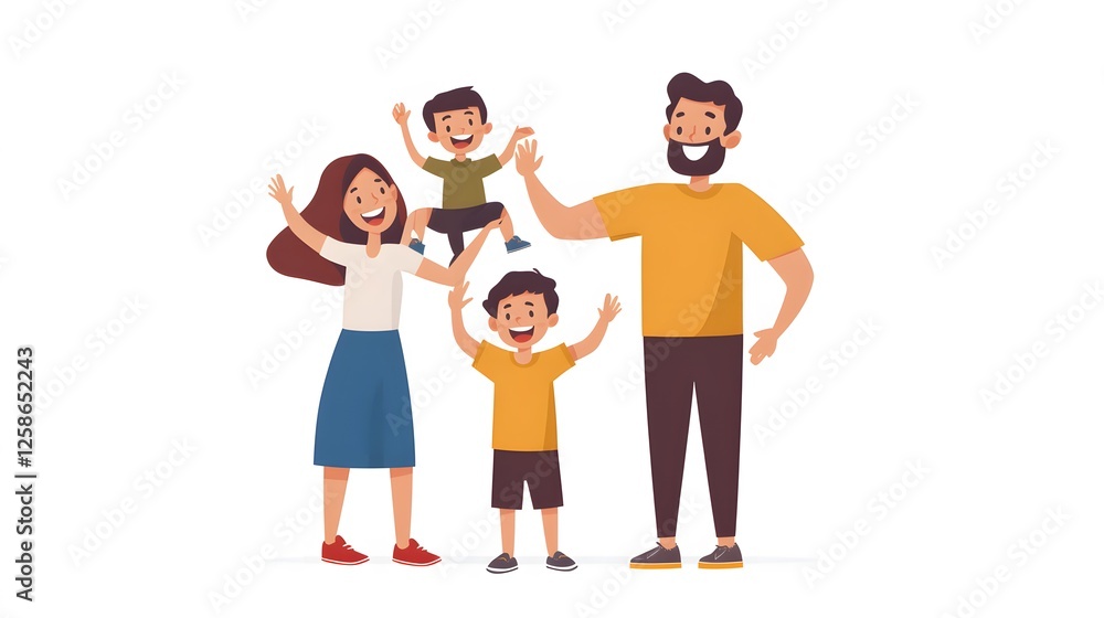 97. A family of four, parents with two children, all laughing together and having fun on a white background. 97. A family of four, parents with two children, all laughing together and having fun on a white background.