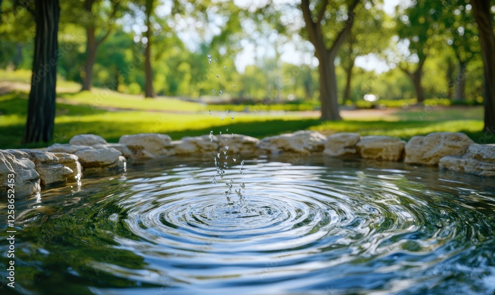 Fototapeta premium Water droplets falling in a park pond, sunny day