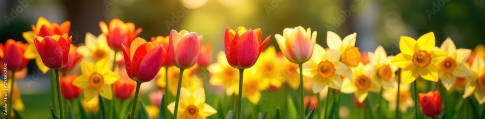 Vibrant tulips and daffodils blooming in a sunny garden bed, purple, planting Vibrant tulips and daffodils blooming in a sunny garden bed, purple, planting