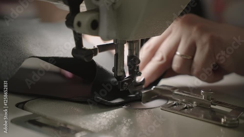 experienced worker works sewing machine. sew leather goods. hands close up. workshop business concept. female hands sew clothes sewing machine. professional seamstress workshop. clothing production