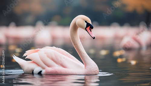 Fototapeta Naklejka Na Ścianę i Meble -  graceful swan with white and light pink plumage glides serenely across the water, its reflection subtly rippling beneath