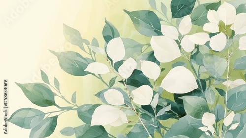 Watercolor Painting of White and Green Leaves