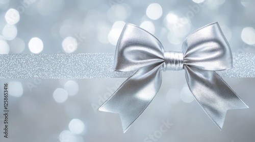 Elegant silver bow with glitter ribbon on sparkling bokeh background