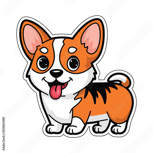 Cute corgi dog sticker vector illustration, happy welsh corgi puppy with tongue out, cartoon pet animal character in flat style, orange and white tricolor doggy isolated on white background