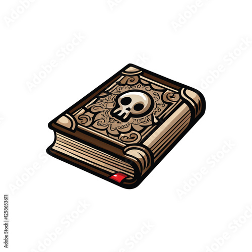 Create a detailed vector illustration of an antique book with a skull emblem on its cover, showing wear and texture.