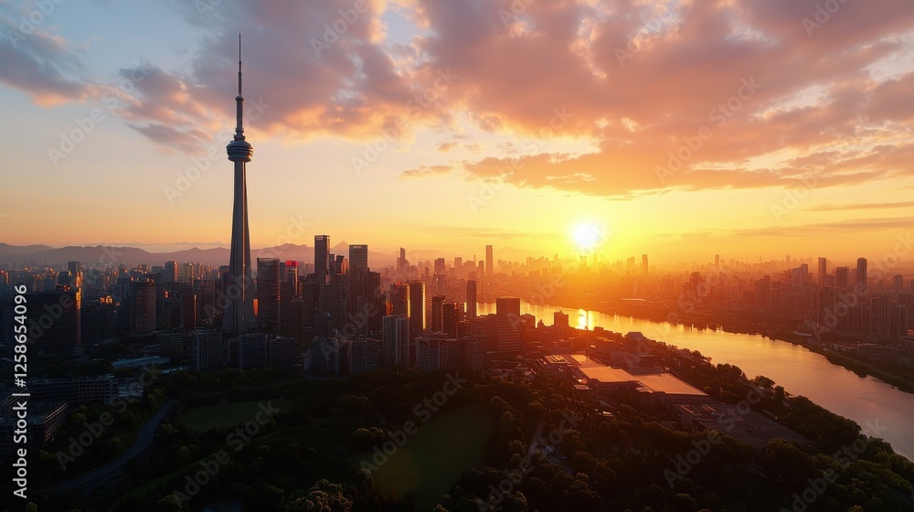 Naklejka premium A breathtaking sunset over a city skyline featuring a tall tower and a winding river, with vibrant clouds illuminating the horizon.