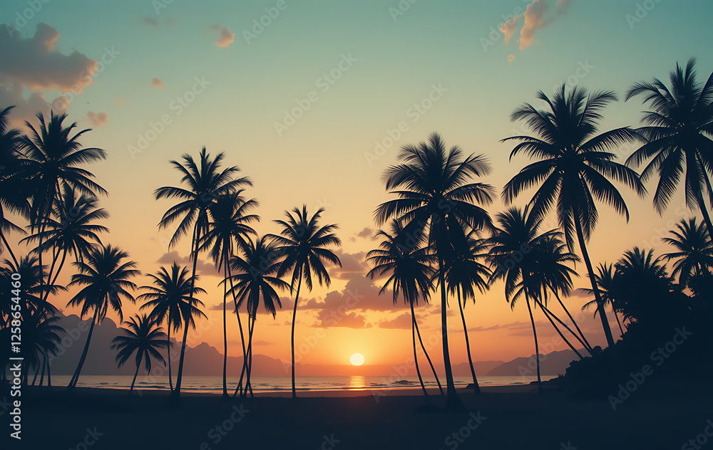 Standing tall on a serene tropical beach at sunset with modern vintage color palette Silhouetted palm trees Standing tall on a serene tropical beach at sunset with modern vintage color palette Silhouetted palm trees
