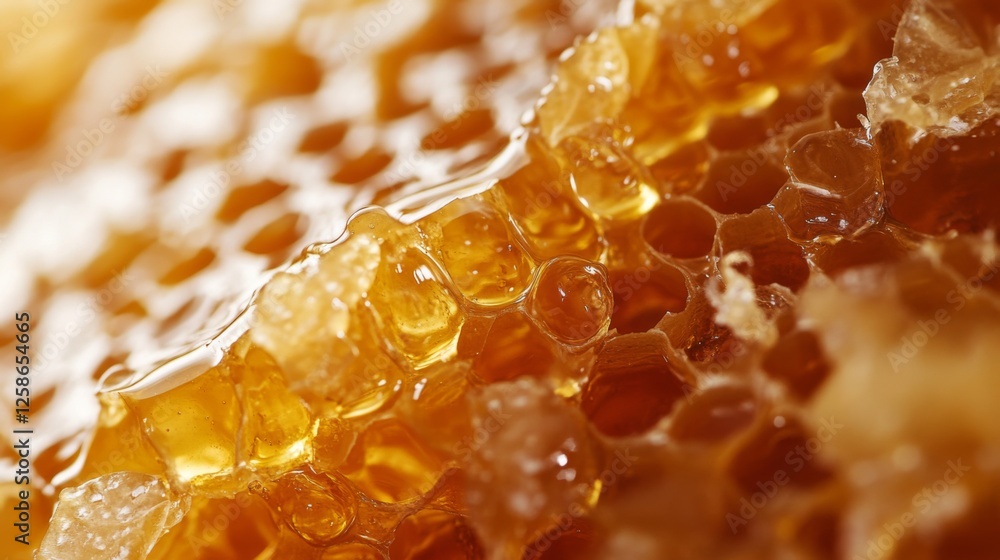 Close-up of fresh honeycomb with golden honey dripping Close-up of fresh honeycomb with golden honey dripping