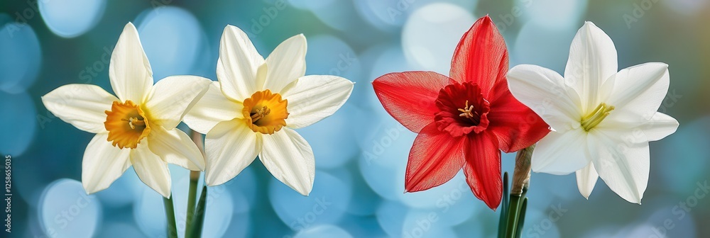 A vase holds three vibrant white and red flowers elegantly displayed on a wooden table, enhancing the room's natural beauty and charm. A vase holds three vibrant white and red flowers elegantly displayed on a wooden table, enhancing the room's natural beauty and charm.