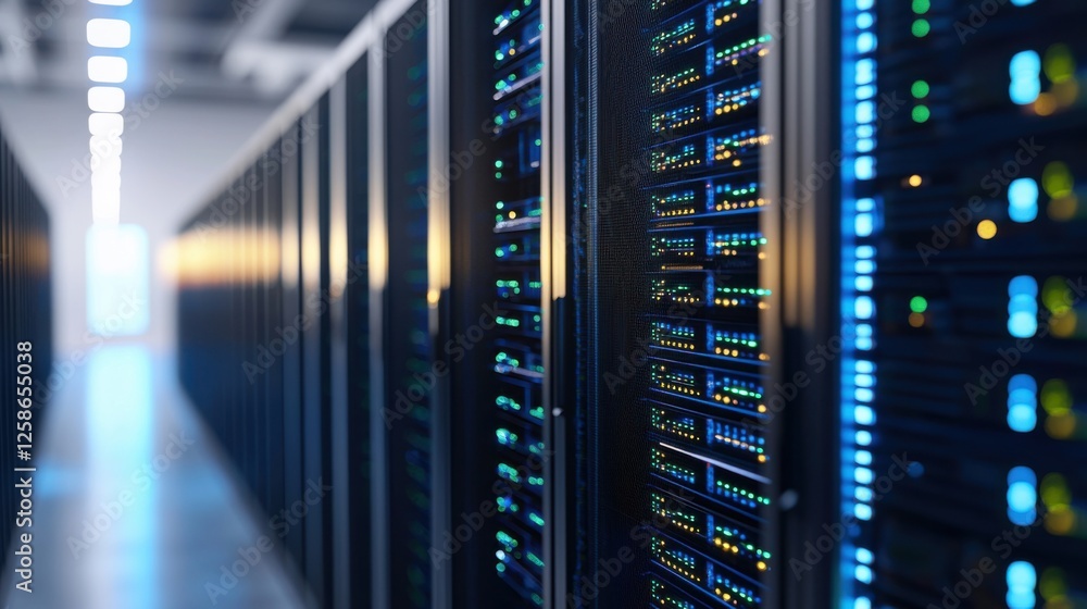 A modern data center corridor filled with server racks, showcasing illuminated panels and intricate technology. A modern data center corridor filled with server racks, showcasing illuminated panels and intricate technology.