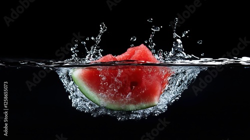 A refreshing slice of watermelon creates a vibrant splash in crystal-clear water, showcasing its juicy freshness