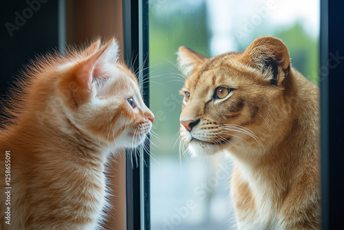 A kitten sees its reflection in a mirror, perceiving itself as a lion. Inspirational reflection of a cat envisioning itself as a majestic lion. Self grow, selflove, ego, I love myself
