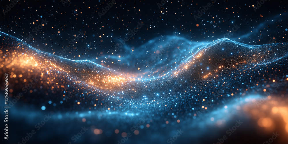 Fototapeta premium Sparkling cosmic landscape with swirling blue and orange particles in a dark void