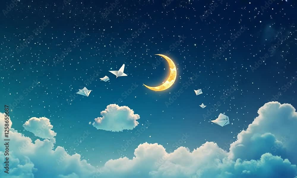 Dreamy night sky with a crescent moon, fluffy clouds, and paper boats floating among stars Dreamy night sky with a crescent moon, fluffy clouds, and paper boats floating among stars
