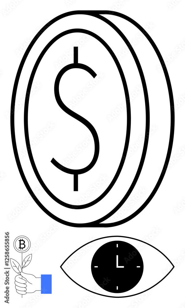 Dollar coin emphasizing finance, eye with clock symbolizing time value, hand holding Bitcoin plant for growth and sustainability. Ideal for investments, cryptocurrency, time management, growth Dollar coin emphasizing finance, eye with clock symbolizing time value, hand holding Bitcoin plant for growth and sustainability. Ideal for investments, cryptocurrency, time management, growth