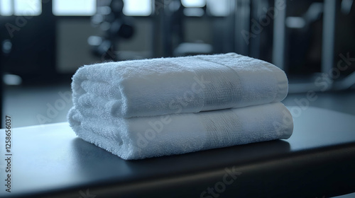 Folded towels on gym bench, modern gym background, fitness, wellness, clean photo