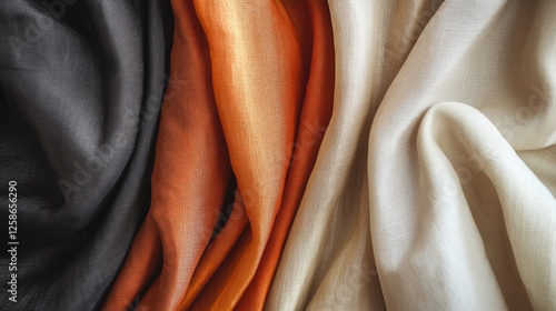 Colorful textiles fabric close-up with black, orange, white textures in draped layers photo