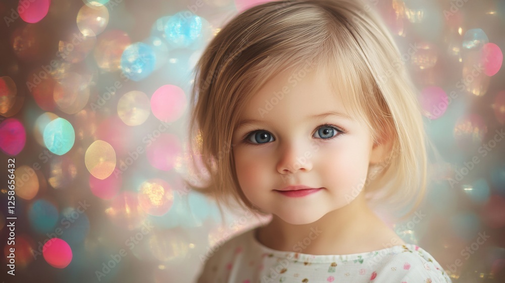 Fototapeta premium Portrait of female child with blonde hair and soft bokeh background