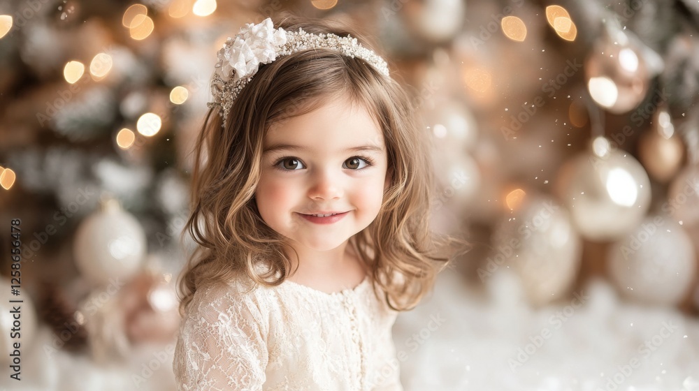 Caucasian young girl smiling in front of festive christmas tree with lights and ornaments Caucasian young girl smiling in front of festive christmas tree with lights and ornaments