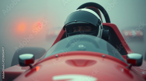 Cool racer driving a sports car on a track. Formula pilot in helmet racing in red vehicle photo