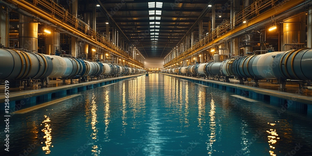 Obraz premium Industrial facility with water channel and pipelines creating a serene atmosphere at dusk