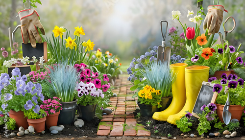 spring flowers in the garden, Vibrant Garden Scene With Colorful Flowers And Rubber Boots
