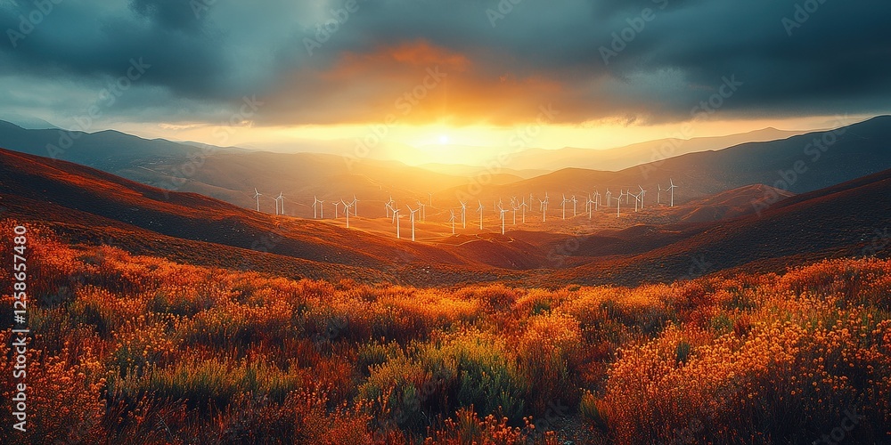 Sunset over rolling hills with wind turbines against a vibrant sky in an expansive landscape Sunset over rolling hills with wind turbines against a vibrant sky in an expansive landscape