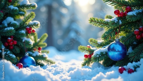 Winter forest with green fir branches, red berries and blue balls hanging from the trees, festive atmosphere, festive colors, christmas decorations