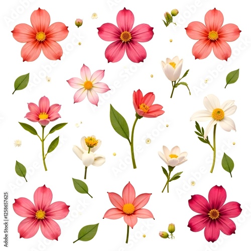A pattern of spring pink and white flowers on a white background.